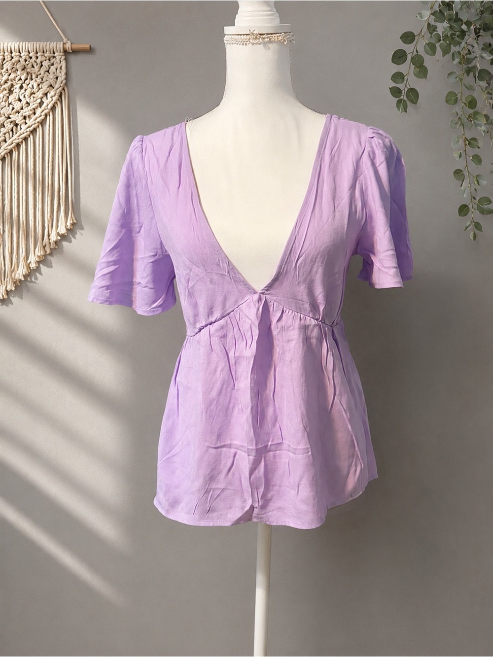 Peach Love California Lilac Deep V-Neck Flutter Sleeve Blouse